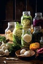 Fresh veggies, aromatic spices, salt and fermentation jars for homemade fermented vegetables