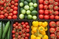 Fresh veggies in market basket tomatoes, cucumbers, eggplants, beans