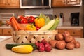 Fresh vegitables on the kitchen cabinet.