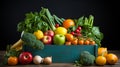 Fresh and Vibrant Assortment of Fruits and Vegetables in Shopping Bag on Teal Blue Background