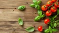 Fresh and Vibrant: Basil Leaves and Tomatoes on Wooden Background