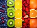 A fresh vibrant multicolored collage of various whole raw and sliced berries and fruits. Generative AI