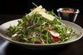 Fresh and vibrant salad with microgreens - radish, broccoli, tomatoes, kale, arugula, healthy meals