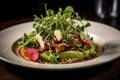 Fresh and vibrant salad with microgreens - radish, broccoli, tomatoes, kale, arugula, healthy meals