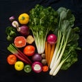 Fresh vibrant vegetables arranged on black backdrop, perfect for healthy dishes