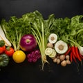 Fresh vibrant vegetables arranged on black backdrop, perfect for healthy dishes