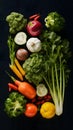 Fresh vibrant vegetables arranged on black backdrop, perfect for healthy dishes