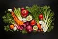 Fresh vibrant vegetables arranged on black backdrop, perfect for healthy dishes