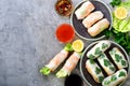 Fresh Vietnamese, Asian, Chinese food frame on grey concrete background. Spring rolls rice paper, lettuce, salad Royalty Free Stock Photo