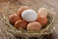 Fresh village chicken eggs on dark wooden background. Easter entourage.