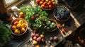 fresh vineyard produce, overhead shot, wooden harvest table, vibrant fruits and rustic wood.