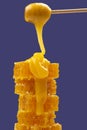Fresh viscous flower honey falls down from a wooden spoon. vitamin organic food