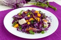 Fresh vitamin fitness salad of red cabbage, bell peppers, corn, arugula. Royalty Free Stock Photo