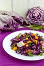 Fresh vitamin fitness salad of red cabbage, bell peppers, corn, arugula. Royalty Free Stock Photo