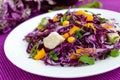 Fresh vitamin fitness salad of red cabbage, bell peppers, corn, arugula. Vegan diets. Royalty Free Stock Photo