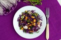 Fresh vitamin fitness salad of red cabbage, bell peppers, corn, arugula. Royalty Free Stock Photo