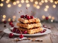 Fresh waffles with hot cherries on Christmas bokeh lights background