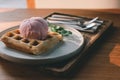 Fresh waffles with a strawberry ice cream in the plate Royalty Free Stock Photo