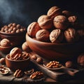 Fresh walnuts in a wooden bowl in dark scene