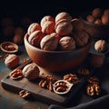 Fresh walnuts in a wooden bowl in dark scene