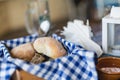 Fresh warm pieces of bread in brown basket