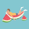 Fresh water melon man sleeping relaxing above fruit lazy full Royalty Free Stock Photo