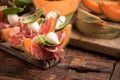 Fresh water melon with parma ham, basil and cherry mozzarella Royalty Free Stock Photo