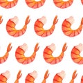 Fresh watercolor shrimps seamless pattern. Hand-drawn illustration. Peeled seafood delicacies. Boiled prawn meat.