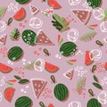 Fresh watermelon background with ice seamless pattern cartoon vector illustration