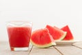 Fresh watermelon blending in glass on wood table Royalty Free Stock Photo