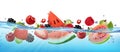 Fresh watermelon and different berries and fruit in transparent water Royalty Free Stock Photo