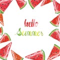 Fresh watermelon illustration on white background. Hand painted summer juicy fruits frame