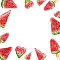 Fresh watermelon illustration on white background. Hand painted summer juisy fruits and popsicles frame