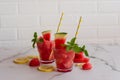 Fresh watermelon juice with mint and ice in the glass on marble background. Sweet summer dessert,cocktail healthy food concept, Royalty Free Stock Photo