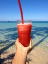 Fresh watermelon juice with a straw in glass against a bright tropical landscape