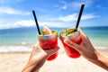 Fresh watermelon juice with a straw in two glasses against a bright tropical landscape, against the background of the sea. Royalty Free Stock Photo