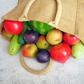 Fresh watermelon, pears, apple and vegetables and cotton bag on green background, healthy food concept, green grocery shop, zero Royalty Free Stock Photo