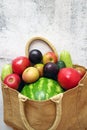 Fresh watermelon, pears, apple and vegetables and cotton bag on green background, healthy food concept, green grocery shop, zero Royalty Free Stock Photo