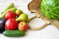 fresh watermelon, pears, apple and vegetables on gray background, healthy food concept, Royalty Free Stock Photo