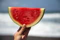 Fresh watermelon slice at the beach Royalty Free Stock Photo