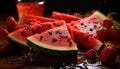 Fresh watermelon slice, sweet dessert, healthy snack, juicy raspberry drink generated by AI
