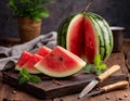 Fresh watermelon slices on a cutting board on a wooden background. AI-generated image