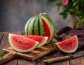 Fresh watermelon slices on a cutting board on a wooden background. AI-generated image Royalty Free Stock Photo