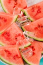 Fresh watermelon slices on ice cubes Royalty Free Stock Photo