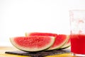 Fresh watermelon slices and juice drink. Thirst quenching refreshing summer smoothie.