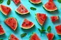 Fresh Watermelon Slices with Mint Leaves on Bright Turquoise Background - Summer Fruits Concept Royalty Free Stock Photo