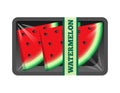 Fresh watermelon slices in transparent package foam tray isolated on white background