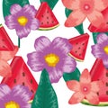 Fresh watermelons fruits and flowers pattern