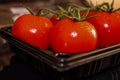 Fresh wet red tomatoes with green branch inside food package container Royalty Free Stock Photo