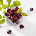 Fresh wet ripe red cherry in plastic box with green leaves, water drops on white wood board, top view, closeup, square, juicy. Royalty Free Stock Photo